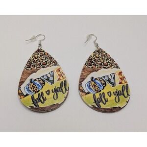 Handmade Love Fall Yall Autumn Lover Gift Earrings Teardrop Dangle Faux Leather